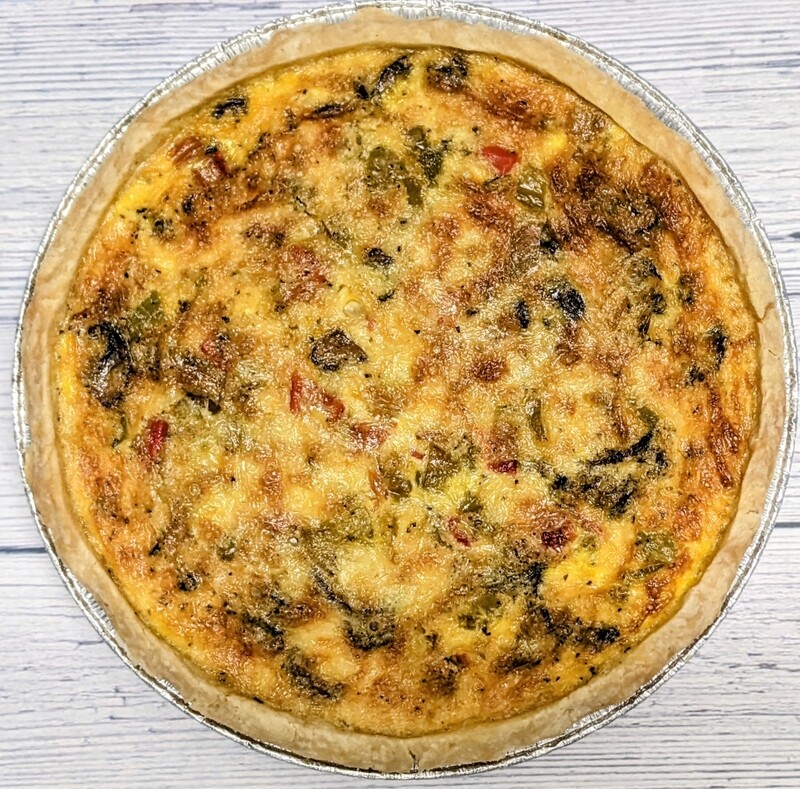 Cheesesteak quiche (chipsteak, peppers, onions, mushrooms, & Birchrun Hills Cheddar)