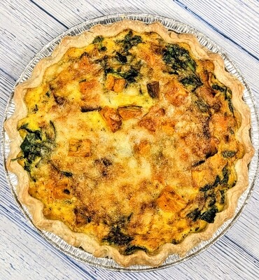 Spinach, sweet potato, and caramelized onion quiche