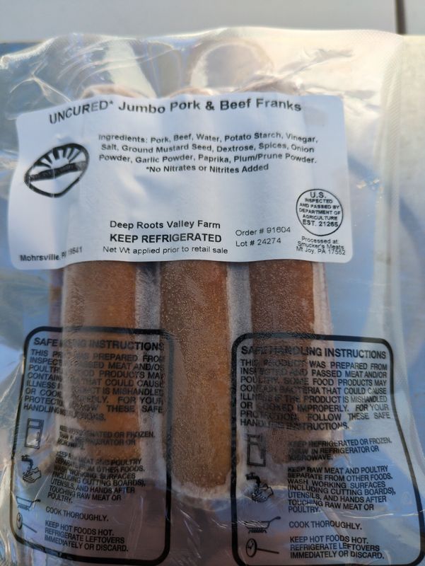 Jumbo Pork & Beef Franks Hot Dogs - No Nitrate (.75lbs- 6 dogs)