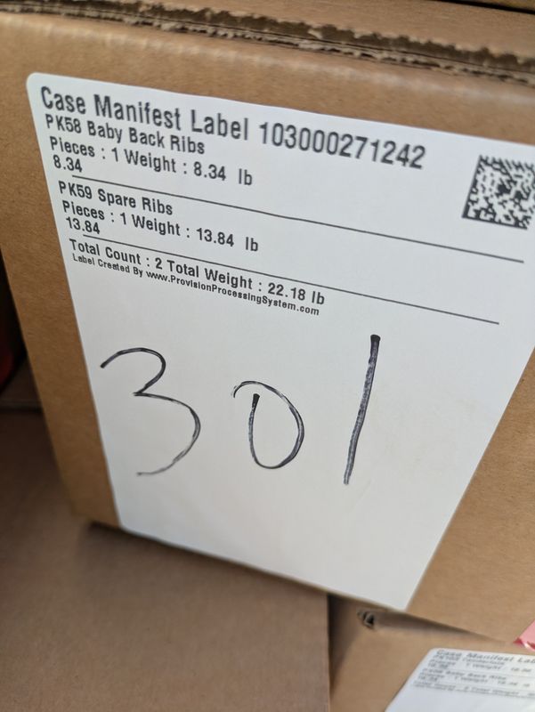 Case# 301 8 lb baby back ribs, 13 ft. 8 lb spare ribs