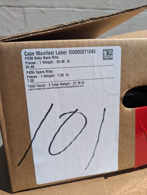 Case# 101 20lbs baby back ribs, 7lbs spare ribs