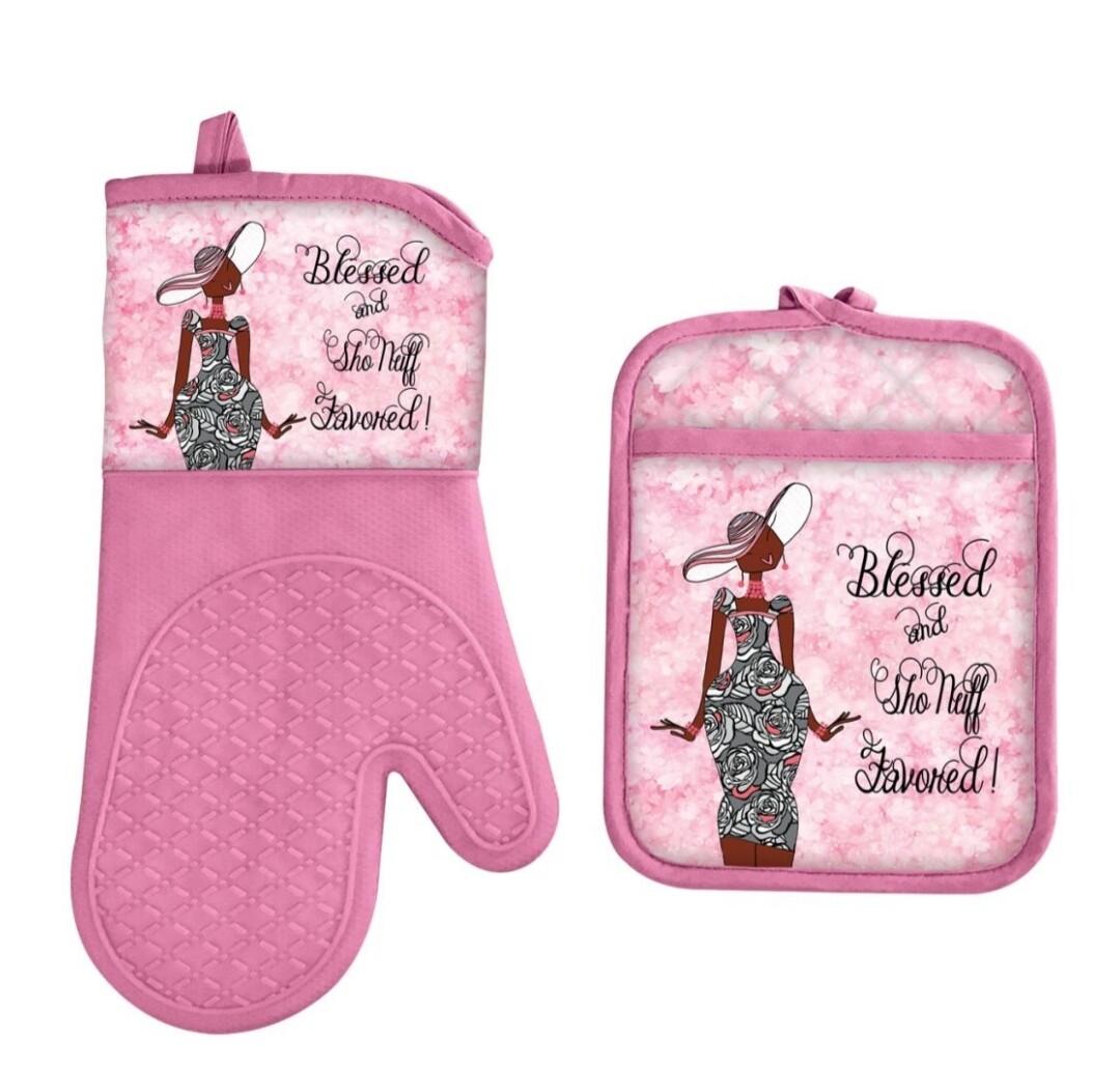 Blessed and Sho Nuff Favored Oven Mitt and  Potholder Set