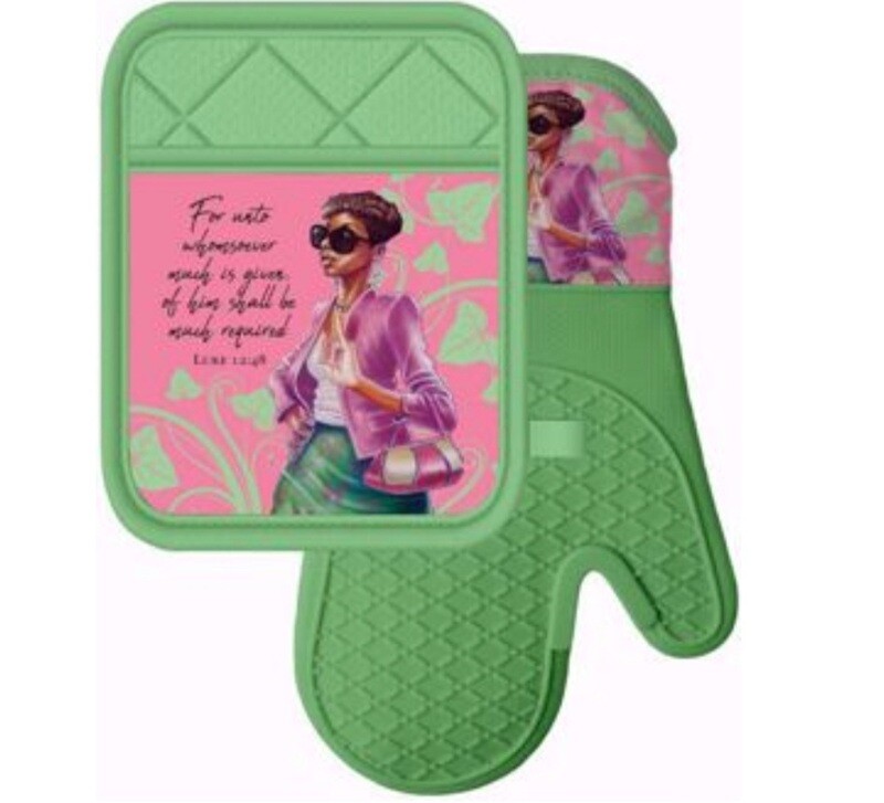 Pink and Green Oven Mitt and Pot Holder Set