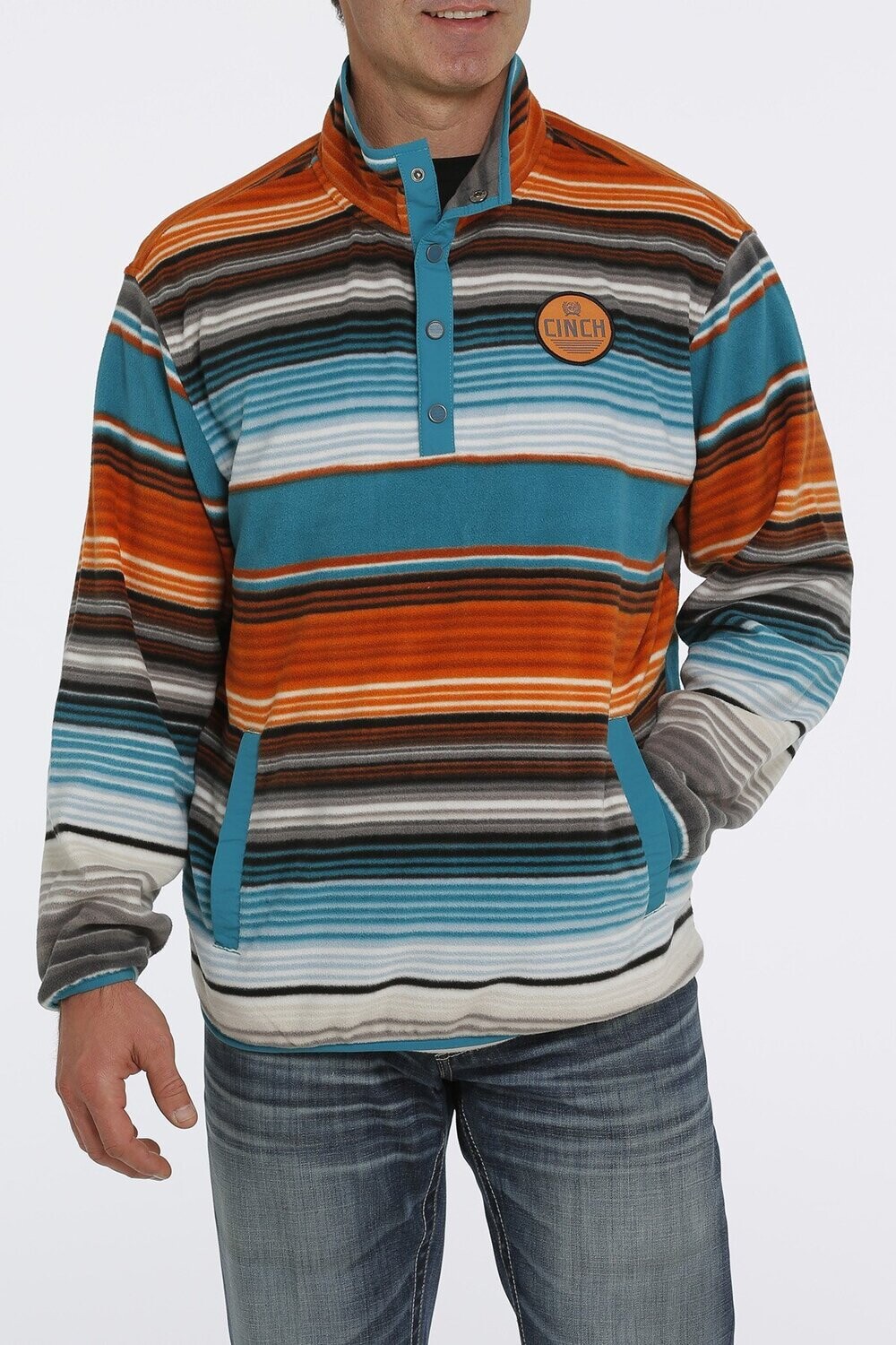 MEN'S BLANKET STRIPE PRINTED POLAR FLEECE PULLOVER - TEAL