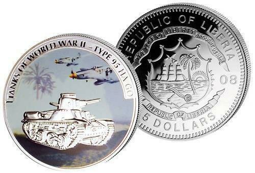2008 Liberia Tanks of World War II Japanese Type 95 HA GO $5 Silver Proof Coin