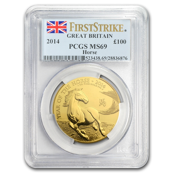 2014 British Lunar Horse £100 Gold 1oz Coin PCGS MS69 First Strike