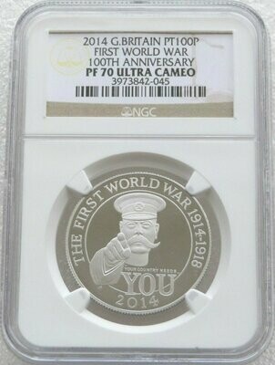 2014 First World War Outbreak Kitchener £100 Platinum Proof 1oz Coin NGC PF70 UC