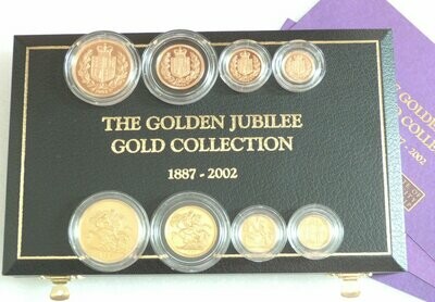1887 - 2002 Golden Jubilee Queen Victoria Elizabeth II Sovereign Gold 8 Coin Set Box Coa