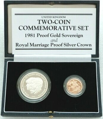 1981 Royal Wedding Full Sovereign Gold Proof 25p Silver Proof Crown 2 Coin Set Box Coa