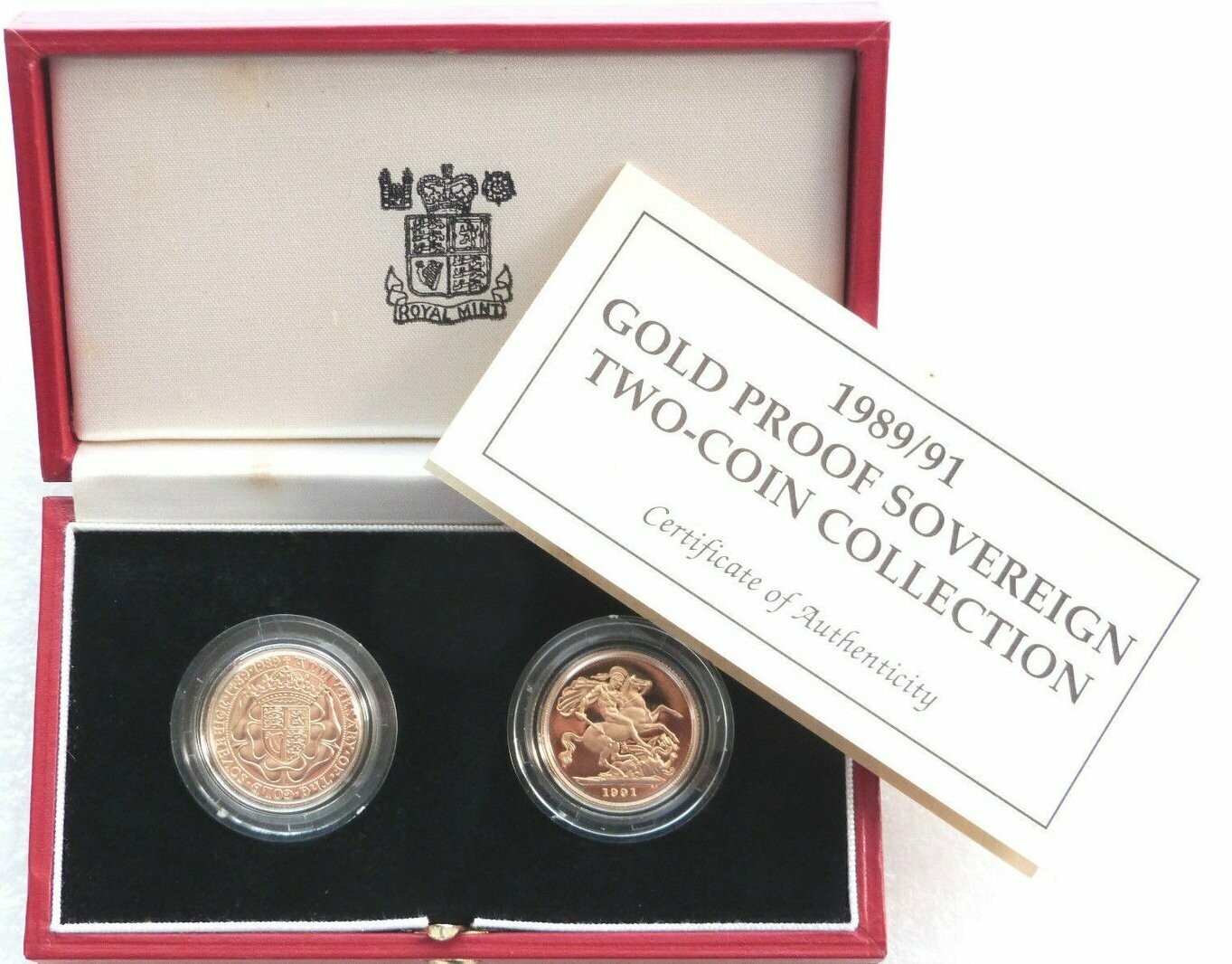 1989 - 1991 Tudor Rose St George Full Sovereign Gold Proof 2 Coin Set Box Coa