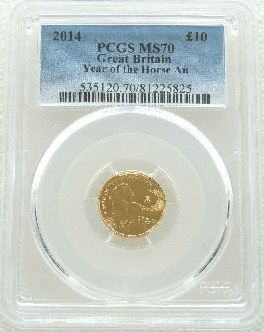 2014 British Lunar Horse £10 Gold 1/10oz Coin PCGS MS70