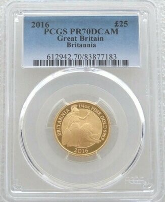 2016 Britannia £25 Gold Proof 1/4oz Coin PCGS PR70 DCAM - Mintage 729