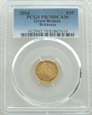 2016 Britannia £10 Gold Proof 1/10oz Coin PCGS PR70 DCAM - Mintage 245