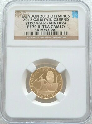 2012 London Olympic Games Stronger Minerva £25 Gold Proof 1/4oz Coin NGC PF70 UC