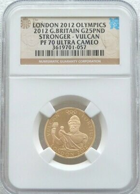 2012 London Olympic Games Stronger Vulcan £25 Gold Proof 1/4oz Coin NGC PF70 UC