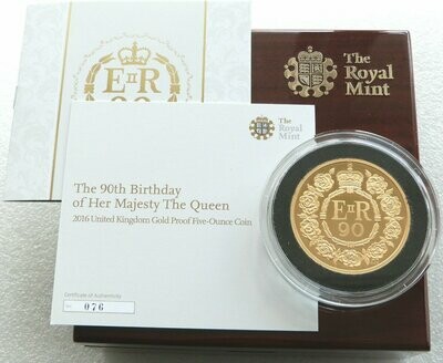 2016 Queens 90th Birthday £10 Gold Proof 5oz Coin Box Coa