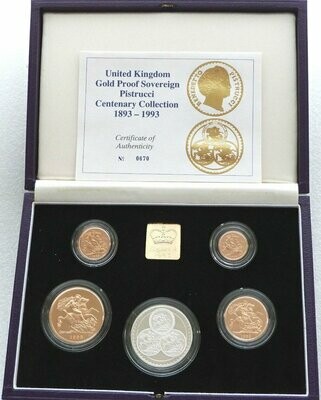 1993 Pistrucci 100th Anniversary Sovereign Gold Proof 4 Coin Set Box Coa