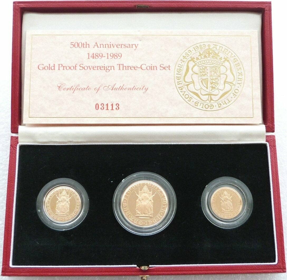 1989 Tudor Rose Sovereign Gold Proof 3 Coin Set Box Coa