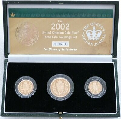 2002 Golden Jubilee Sovereign Gold Proof 3 Coin Set Box Coa