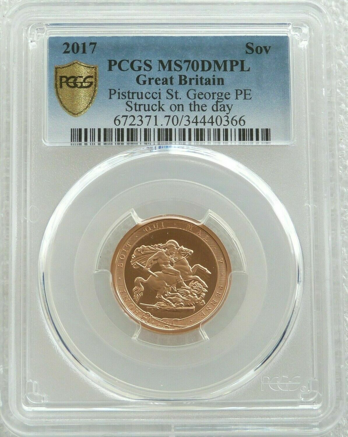 2017 Struck on the Day Pistrucci Full Sovereign Gold Coin PCGS MS70 DMPL - Plain Edge