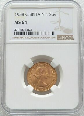 1958 St George and the Dragon Full Sovereign Gold Coin NGC MS64