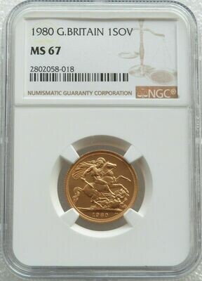 1980 St George and the Dragon Full Sovereign Gold Coin NGC MS67