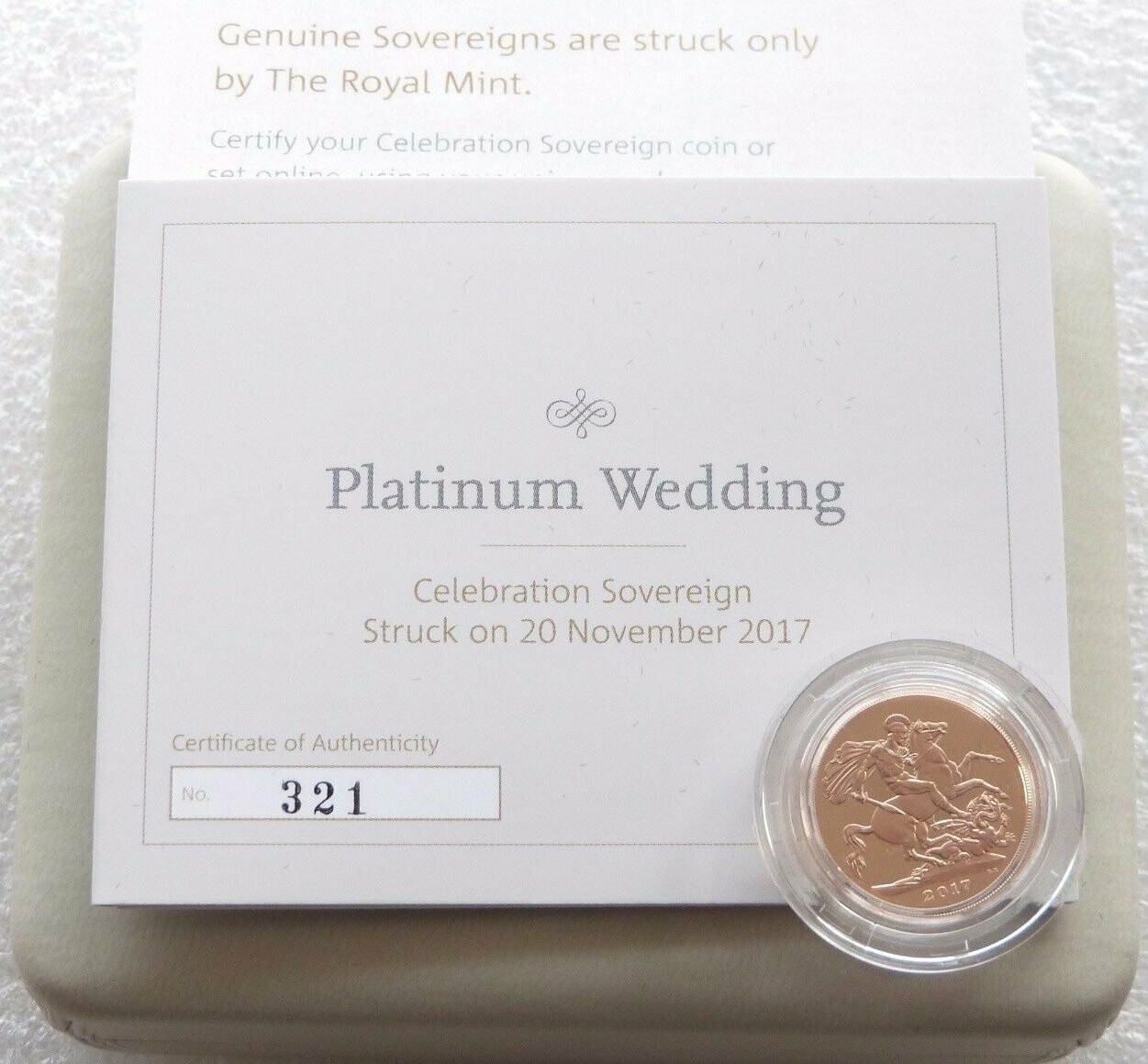 2017 Struck on the Day Platinum Wedding Full Sovereign Gold Coin Box Coa + Certify Code