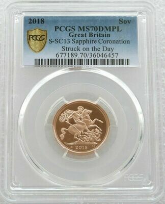 2018 Struck on the Day Sapphire Coronation Full Sovereign Gold Coin PCGS MS70 DMPL - Plain Edge