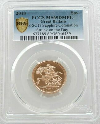 2018 Struck on the Day Sapphire Coronation Full Sovereign Gold Coin PCGS MS69 DMPL - Plain Edge