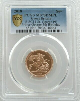 2018 Struck on the Day Prince George 5th Birthday Full Sovereign Gold Coin PCGS MS70 DMPL - Plain Edge