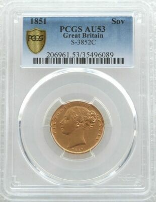 1851 Victoria Shield Full Sovereign Gold Coin PCGS AU53
