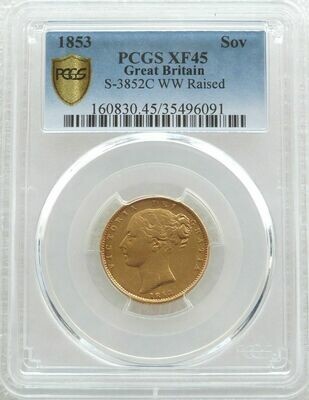 1853 Victoria Shield Full Sovereign Gold Coin PCGS XF45