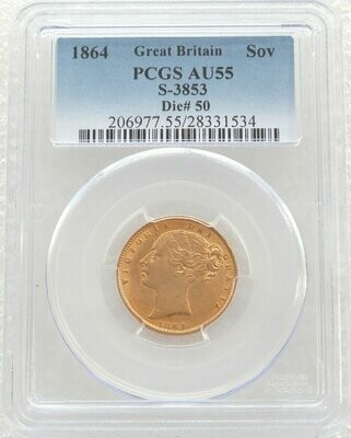 1864 Victoria Shield Full Sovereign Gold Coin PCGS AU55 (Die 50)
