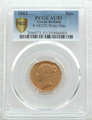1862 Victoria Shield Full Sovereign Gold Coin PCGS AU53 Wide Date
