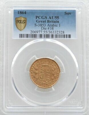 1864 Victoria Shield Full Sovereign Gold Coin PCGS AU55 Arabic 1 (Die 38)