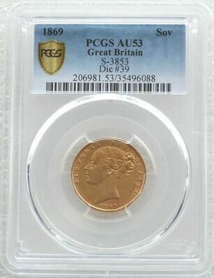 1869 Victoria Shield Full Sovereign Gold Coin PCGS AU53 (Die 39)