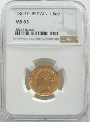 1869 Victoria Shield Full Sovereign Gold Coin NGC MS63