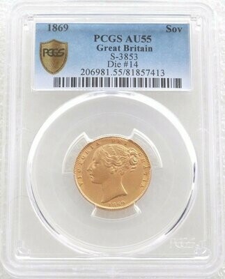 1869 Victoria Shield Full Sovereign Gold Coin PCGS AU55 (Die 14)