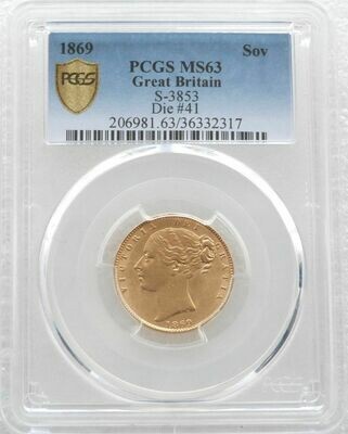 1869 Victoria Shield Full Sovereign Gold Coin PCGS MS63 - Die 41