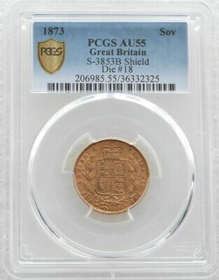 1873 Victoria Shield Full Sovereign Gold Coin PCGS AU55