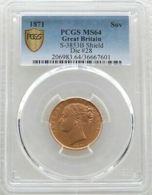 1871 Victoria Shield Full Sovereign Gold Coin PCGS MS64 - Die 28