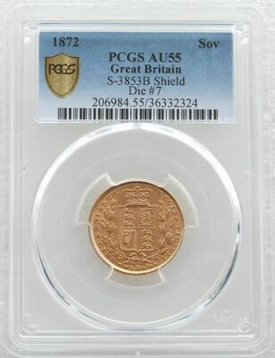 1872 Victoria Shield Full Sovereign Gold Coin PCGS AU55