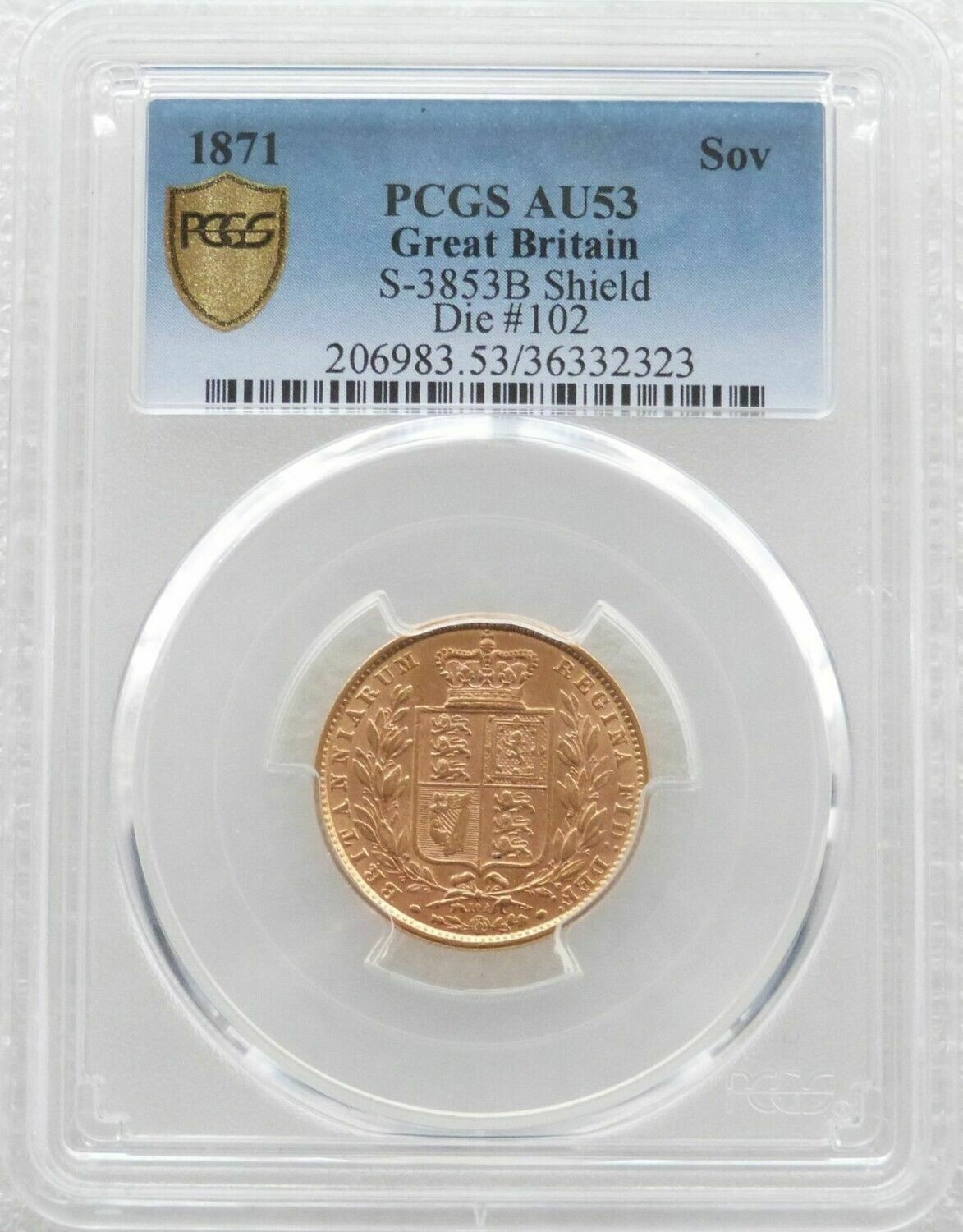 1871 Victoria Shield Full Sovereign Gold Coin PCGS AU53 - Die 102