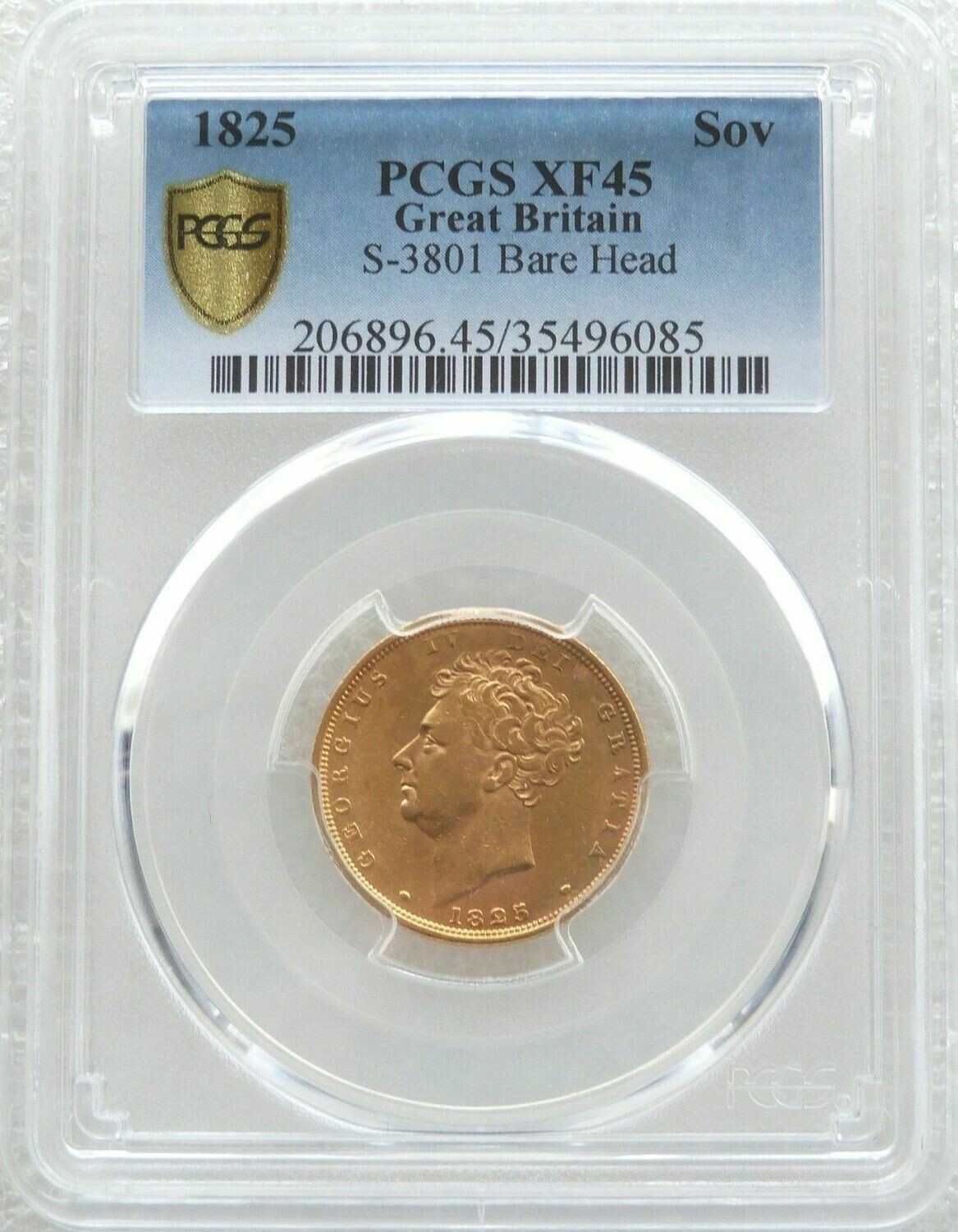 1825 George IV Bare Head Shield Full Sovereign Gold Coin PCGS XF45