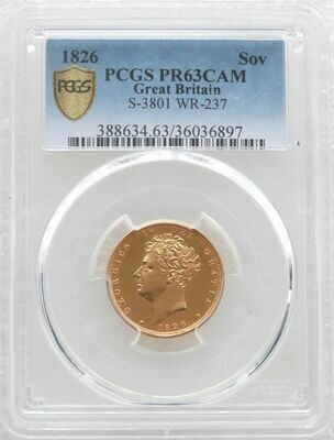 1826 George IV Bare Head Shield Full Sovereign Gold Proof Coin PCGS PR63 CAM