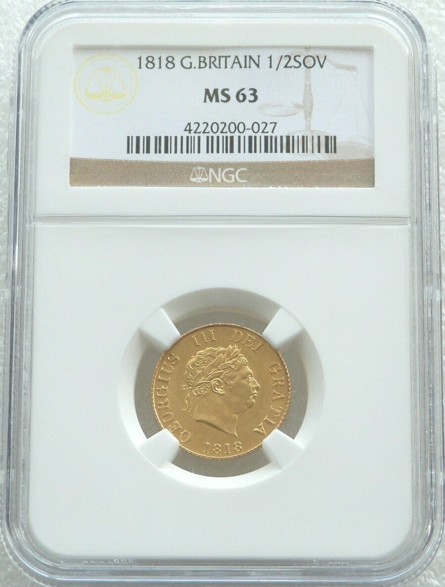 1818 George III Crowned Shield Half Sovereign Gold Coin NGC MS63 1818 George III Crowned Shield Half Sovereign Gold Coin NGC MS63