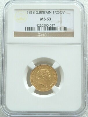1818 George III Crowned Shield Half Sovereign Gold Coin NGC MS63