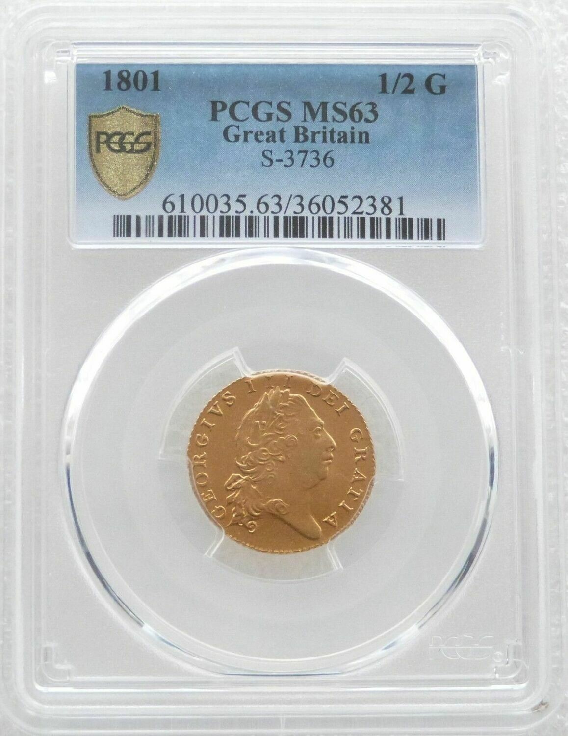 1801 George III Sixth Laur Head Half Guinea Gold Coin PCGS MS63
