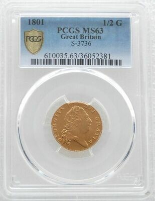 1801 George III Sixth Laur Head Half Guinea Gold Coin PCGS MS63