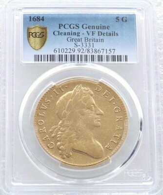1684 Charles II Second Laur Head Sexto 5 Guinea Gold Coin PCGS VF Details